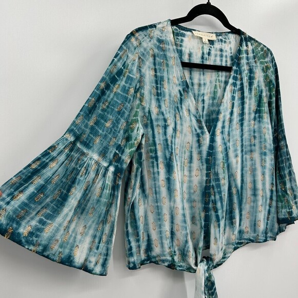 LOVESTITCH Blue Gold Metallic Front Tie Bell Sleeve Boho Blouse Size Small - Picture 4 of 6